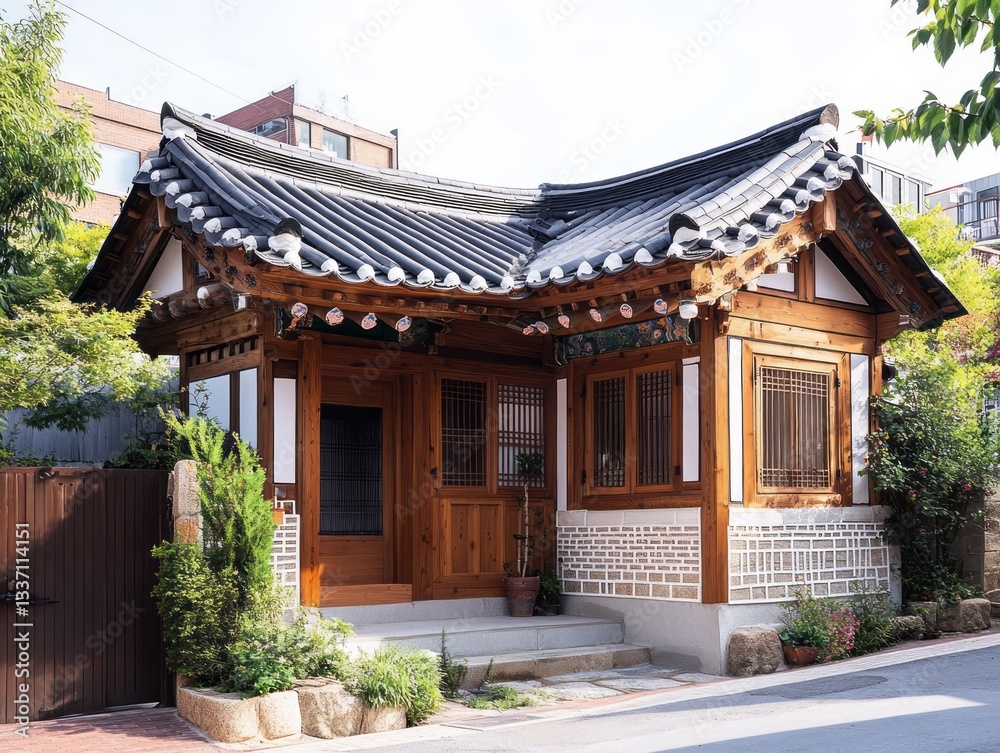 A traditional style wooden building with an ornate tiled roof A traditional style wooden building with an ornate tiled roof