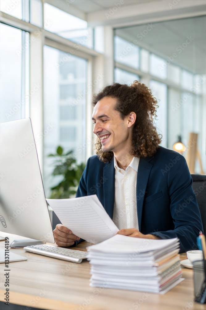 Positive and motivated professional smiling while preparing for a business report at the office. Positive and motivated professional smiling while preparing for a business report at the office.
