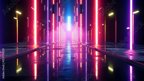 Pink neon circle portal through a mountain landscape. Sunrise, clouds, calm water, surreal