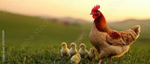 A hen walks proudly with her fluffy chicks in a lush green field, illuminated by the warm glow of sunset.