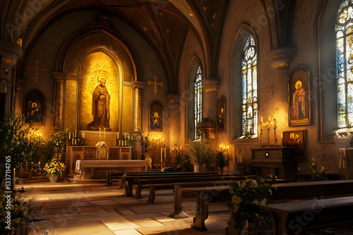 A medieval church interior, golden icons depicting the Annunciation, feast of the Virgin Mary