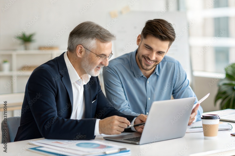 Mentor and colleague discussing a project on a laptop, working together as a professional business team. Mentor and colleague discussing a project on a laptop, working together as a professional business team.