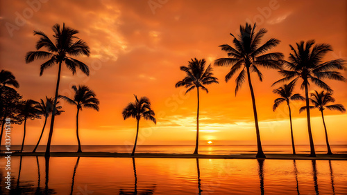 Serene Sunset Silhouettes Of Palm Trees Lining A Tranquil Beach Reflecting In Calm Waters Painted With Fiery Orange And Golden Hues