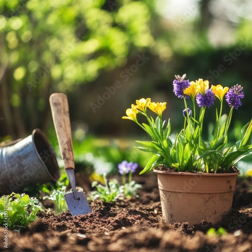 Bright spring flowers planted in a rustic garden setting with soil and tools