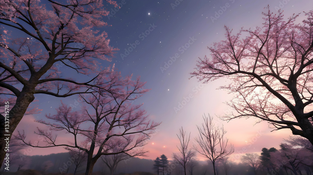 Obraz premium Serene Twilight Whispers Secrets Through Blossoming Cherry Trees Under A Starlit Sky With Soft Pastel Hues