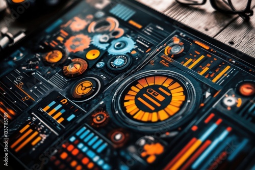 working as a artist create a banner for web site that says 'fix my web page' showing colorful tech portal with dials and guages