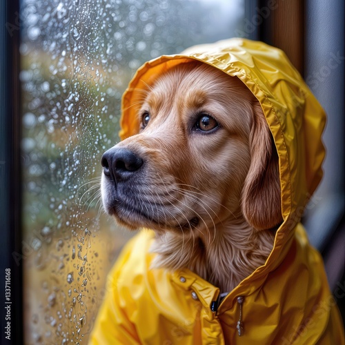 A golden retriever dog wearing a yellow raincoat gazes out a window speckled with raindrops