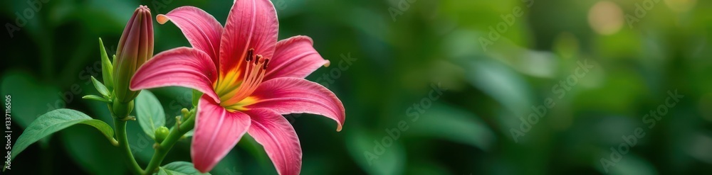 Single stargazer lily, vibrant pink petals, lush green leaves , delicate, color Single stargazer lily, vibrant pink petals, lush green leaves , delicate, color