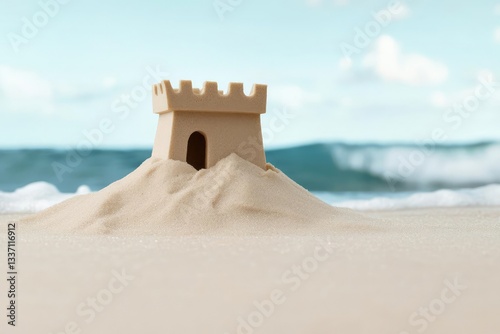 A charming sandcastle on the beach, surrounded by soft waves and a clear blue sky, evoking a sense of relaxation and summer fun.