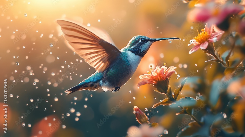 Fototapeta premium Vibrant Hummingbird in Flight Nectar Feeding Sunny Garden Water Droplets