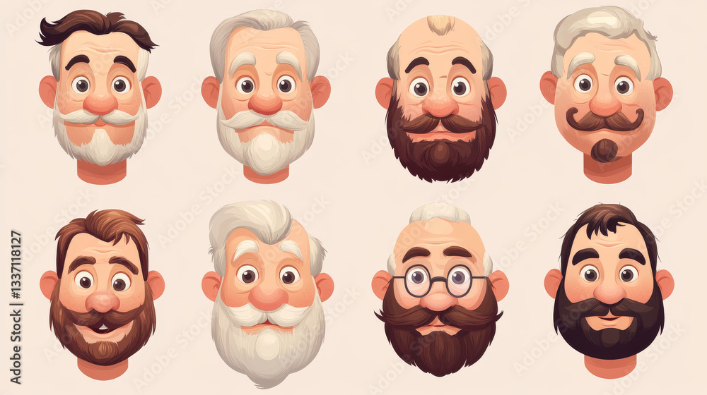Obraz premium Old man face animation constructor, cartoon elderly male character creation set with various hairstyles, eyes, noses, lips, eyebrows, beards or mustaches, isolated aged white personage, Vector kit