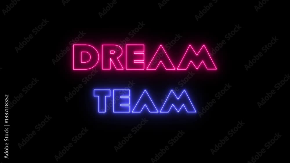 Dream team neon shiny typography on grid background. shiny blue pink red and green alphabet glowing animation.