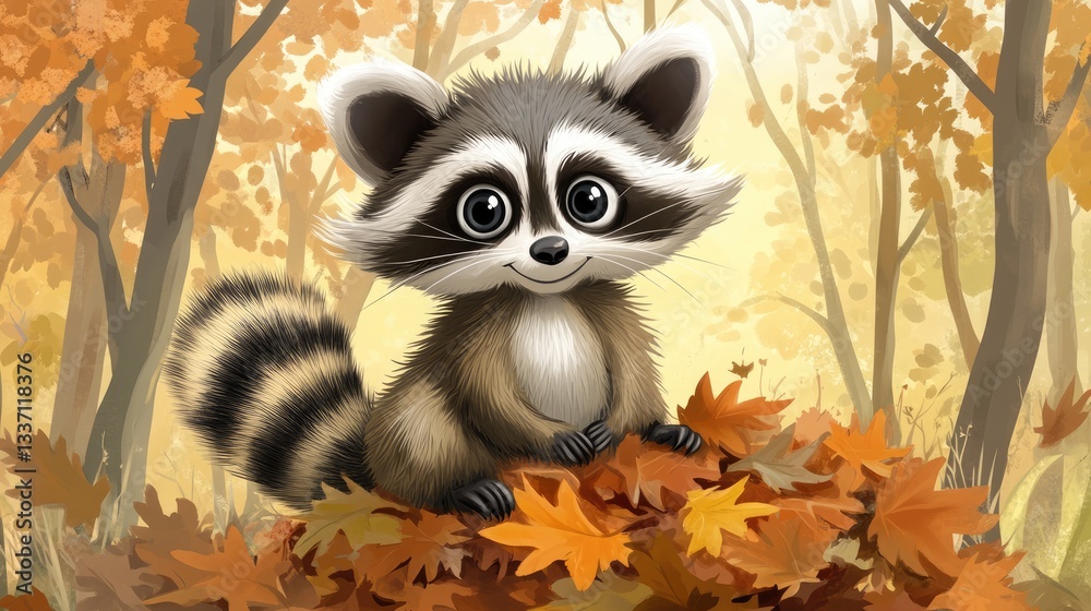Fototapeta premium Adorable Raccoon Amidst Autumn Leaves