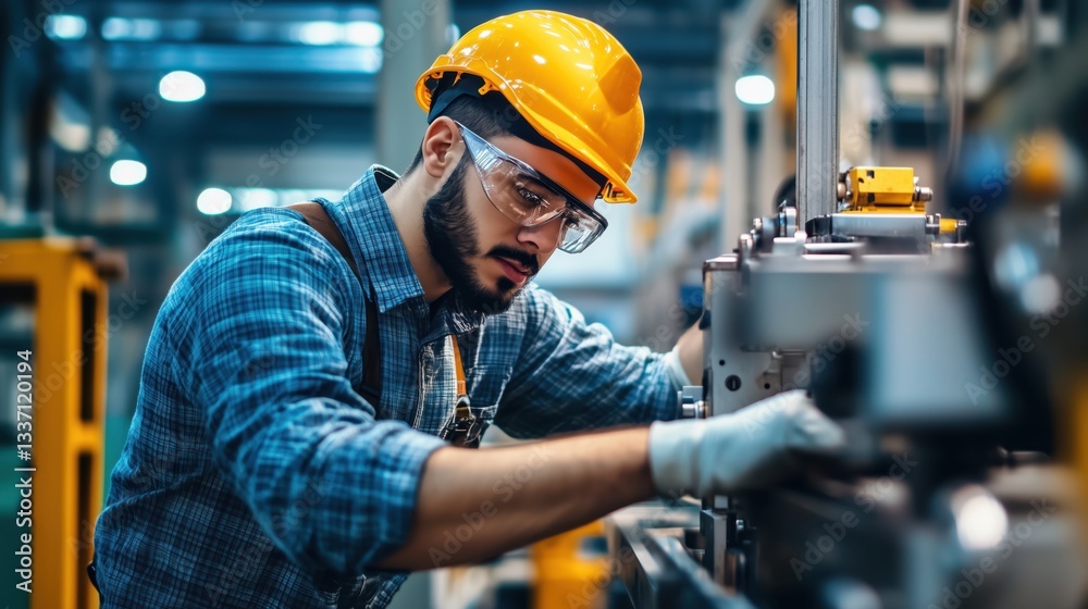 Manufacturing engineer inspects machinery and reviews production processes in an industrial environment Manufacturing engineer inspects machinery and reviews production processes in an industrial environment