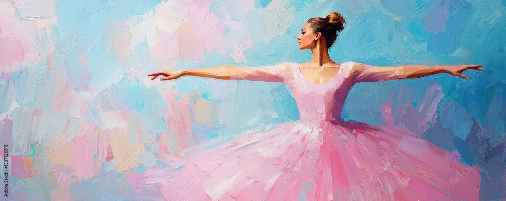 National pink day with feminine and art idea. Elegant ballerina posing in a pink tutu against a colorful background. National pink day with feminine and art idea. Elegant ballerina posing in a pink tutu against a colorful background.