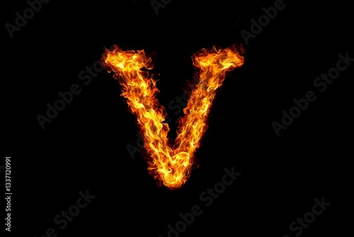 Letter V designed with flame isolated on black background