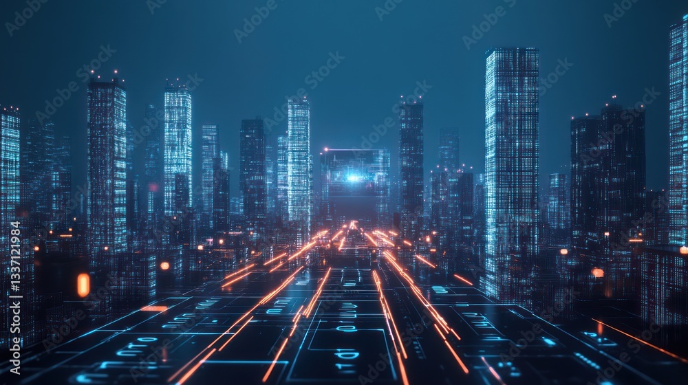 Fototapeta premium Futuristic city at night, digital pathway, technology