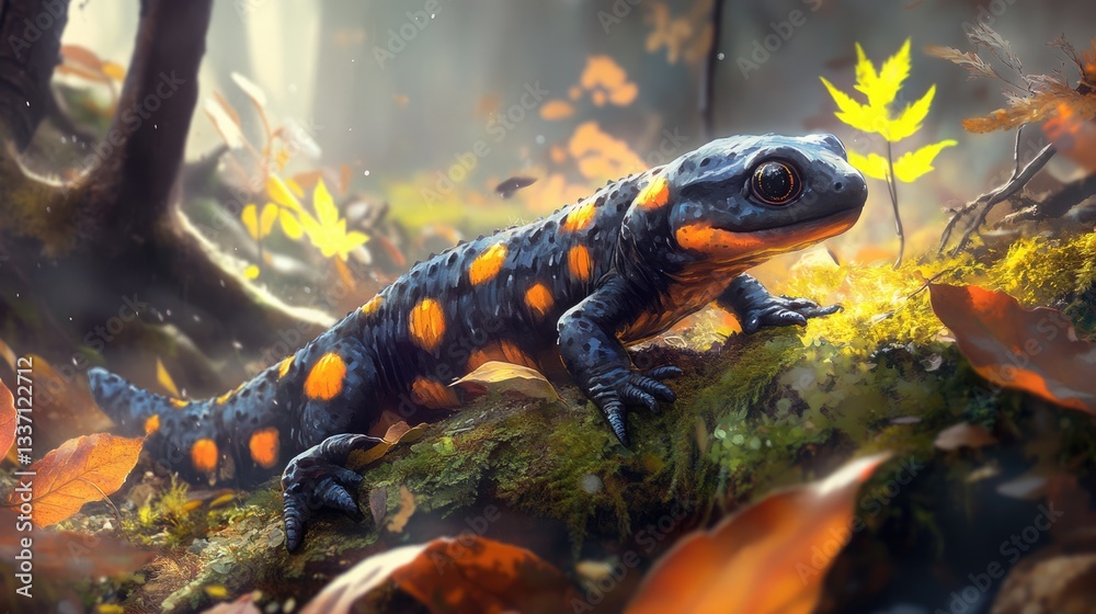 Fototapeta premium Fire Salamander in Autumn Forest