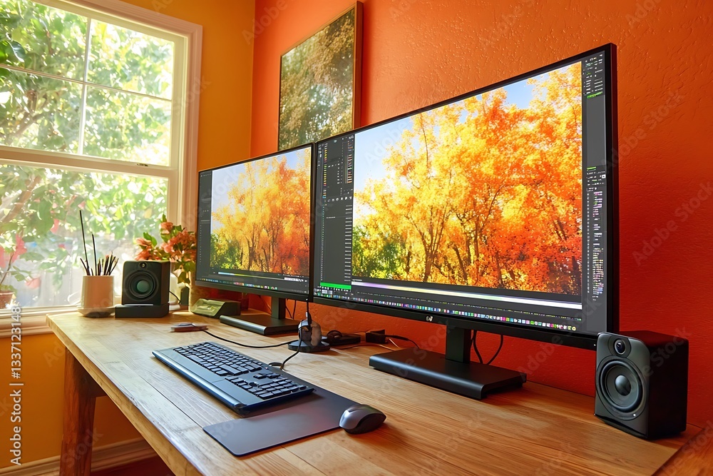 Fototapeta premium Modern Empty Home Office Room Interior With Blank Wall, Computer, Table, Bookshelf Mockup Frame -Ai
