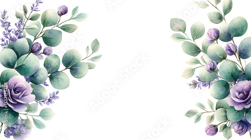 Fototapeta Naklejka Na Ścianę i Meble -  Watercolor vector corner border frame. Green eucalyptus leaves and purple flowers. Green clipart for wedding invitation, greeting card. Isolated hand drawn illustration on transparent background. PNG 