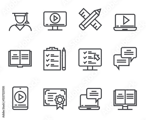 Online web learning distance education line isolated simple icon set. Vector flat graphic design illustration