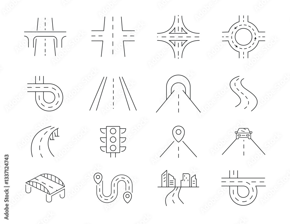 Road and Highway Line Editable Icons set. stock illustration