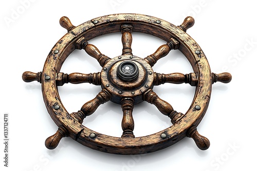 A detailed and aged wooden ship steering wheel rests isolated against white