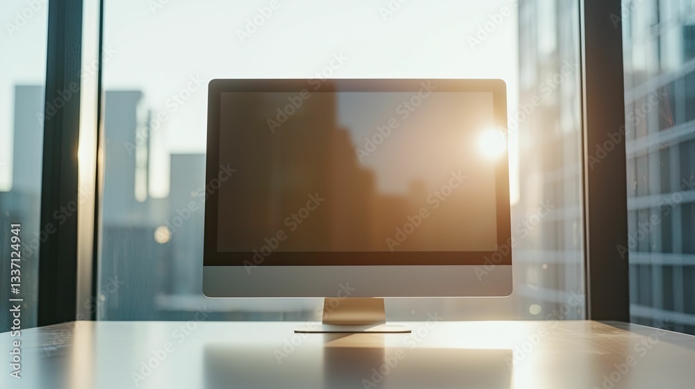Fototapeta premium A central computer screen displaying a collaborative digital platform, with symmetrical office items around it, emphasizing teamwork.