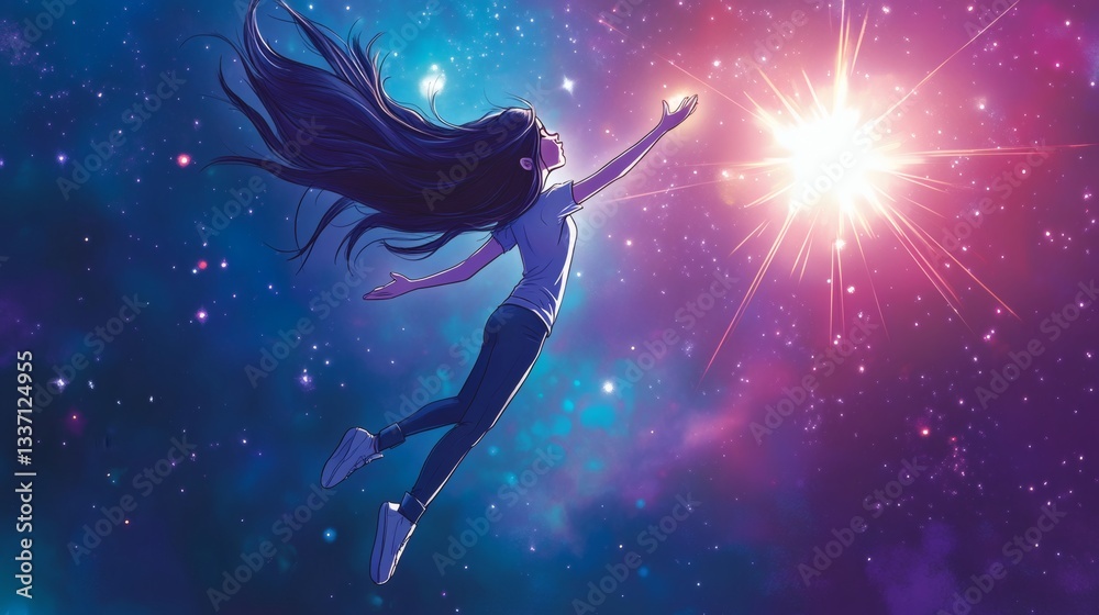 Fototapeta premium A young woman is reaching for a bright light in space