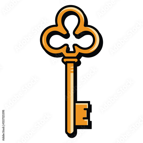 Gold key icon cartoon vector. Old golden lock with intricate details, antique design.