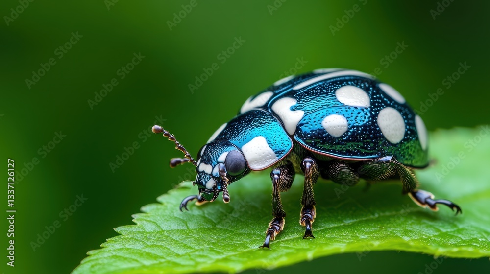 Naklejka premium This striking beetle, adorned with a vibrant blue and white pattern, gracefully crawls on a lush green leaf, showcasing the beauty and intricacy of nature's designs.