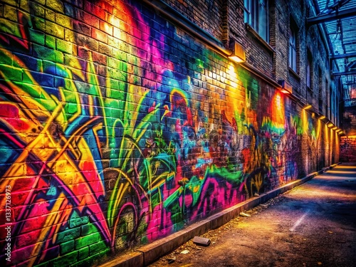 Low Light Graffiti Street Art: Bold Tags & Urban Decay - 80s, 90s, 60s Style