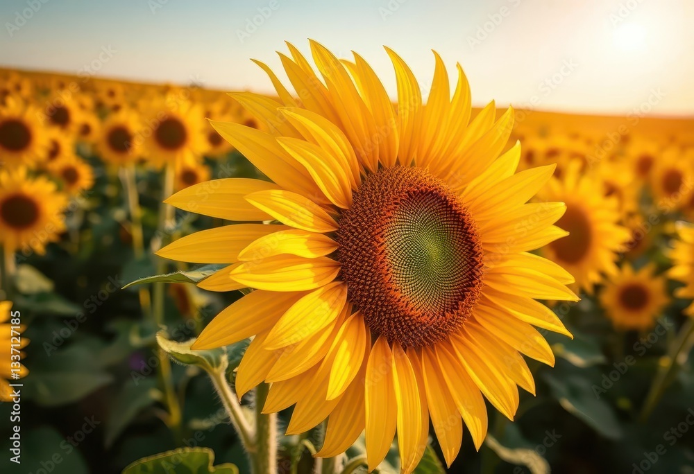 Obraz premium A vibrant yellow sunflower blooms, its face turned towards the sun in a vast field of similar flowers, field, helianthus