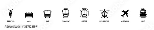 Air, Auto, Railway, Sea Transport Silhouette Icon Set. Stop Station Sign Public Transport Glyph Pictogram. Car, Bus, Tram, Train, Metro, Plane, Scooter, Motorcycle, Ship Icon in Front View. Isolated