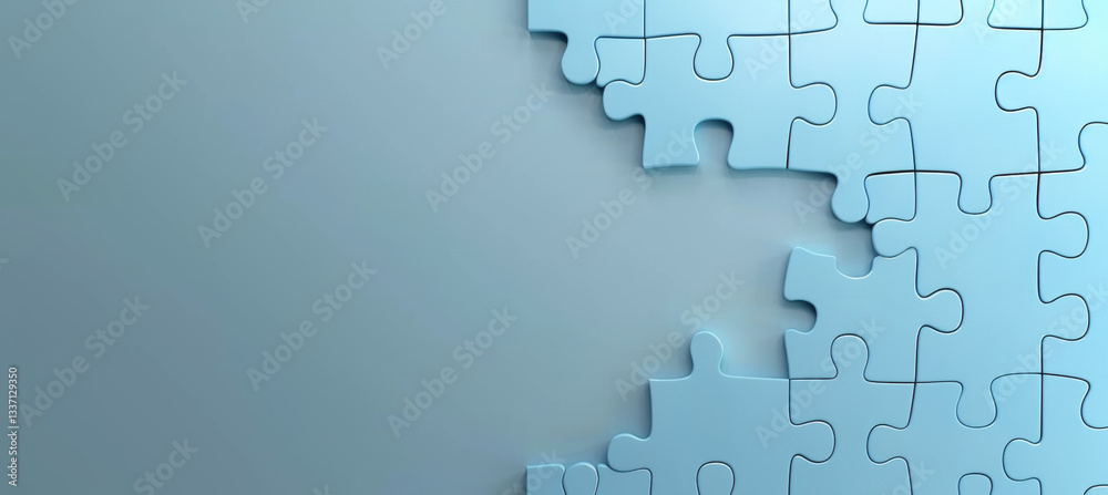 Obraz premium A close-up of a blue jigsaw puzzle with a missing piece, symbolizing problem-solving, teamwork, and strategy. The textured surface adds depth to the image.