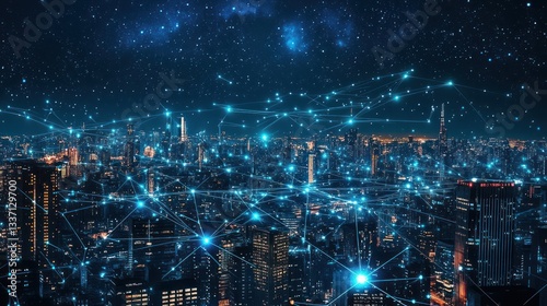 Wallpaper Mural Cityscape at night connected by network. Aerial view, futuristic. Stock photo Torontodigital.ca