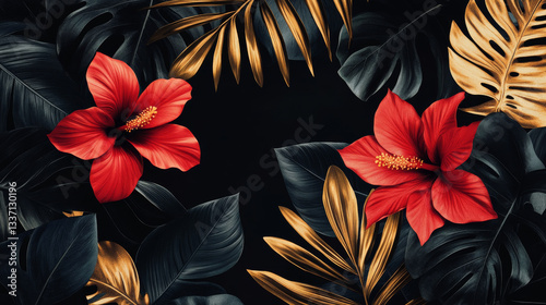 Tropical black leaves and exotic red flower on dark vector background. Beautiful botanical design with tropic jungle leaves, golden inscription. Wedding ceremony invitation card, christmas greeting