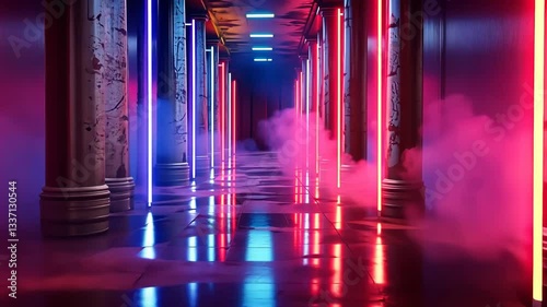 Neon-lit, ancient corridor, filled with smoke and vibrant light