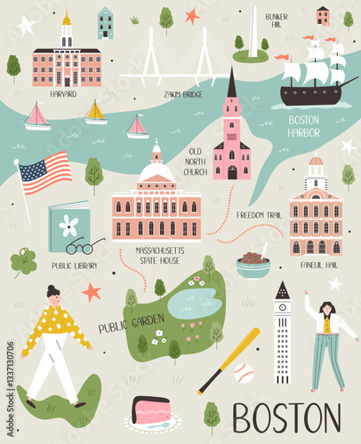 Illustrated map of Boston, Massachusetts, USA with landmarks and symbols.