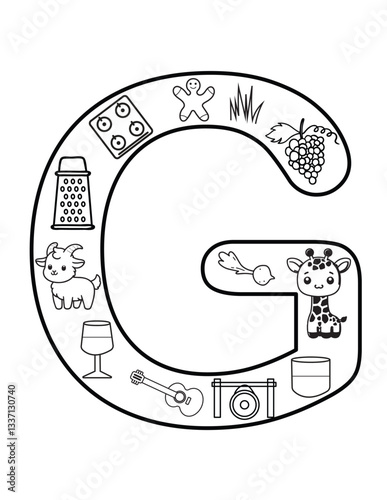 Vibrant Letter G Coloring Page – Giraffe, Garden & Guitar Designs for Creative Learning