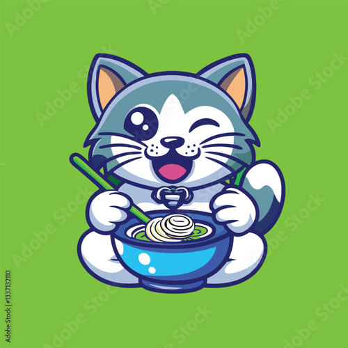 Hungry Feline Devouring Ramen: A Vector Art Illustration in EPS Format Version 10