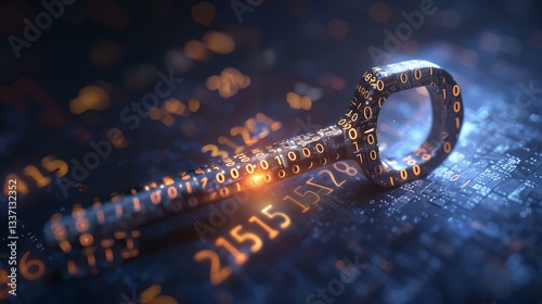 A conceptual image of a physical key with digital binary code etched into it, representing the idea of a private key in blockchain technology