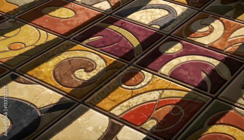 closeup view of vibrant mosaic tiles glossy surface reflecting dramatic light rich textures deep shadows dynamic angles bold colors geometric patterns immersive perspective artistic intricate flooring