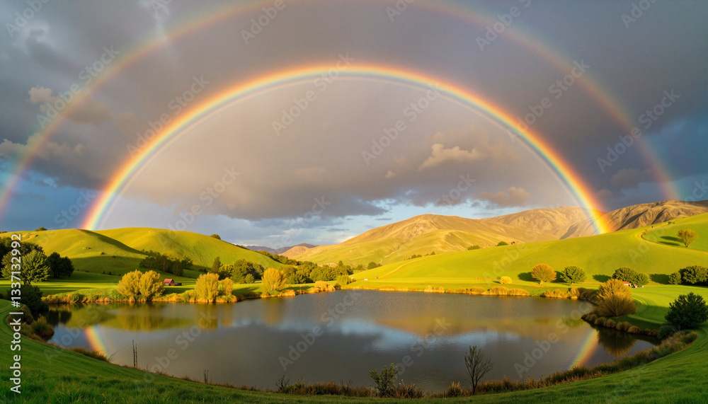 Vivid rainbow arching over serene lake and green valley, tranquility Vivid rainbow arching over serene lake and green valley, tranquility
