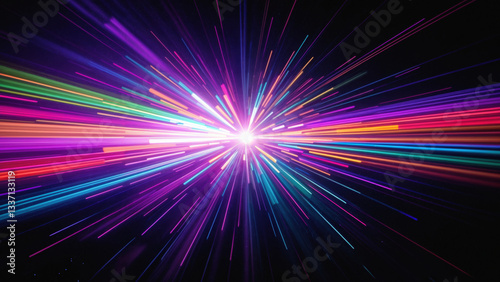 Vibrant neon radial burst with purple, blue and pink light rays. Abstract digital explosion with luminous streaks radiating from bright central core. Colorful cosmic starburst effect with dynamic