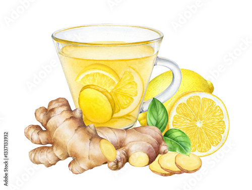 Design of watercolor hand drawn glass cup with ginger lemon tea, ginger roots and lemons with slices isolated on white background.