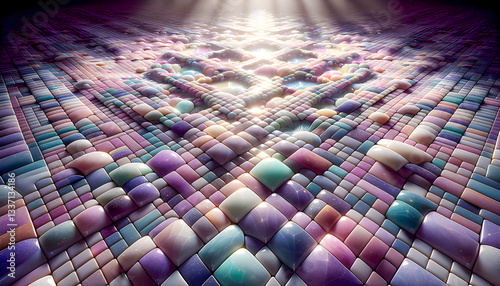 closeup view of vibrant tiles from a low floor perspective glossy surfaces reflecting dramatic light intricate patterns bold colors deep shadows warm glow geometric symmetry texture contrast immersive