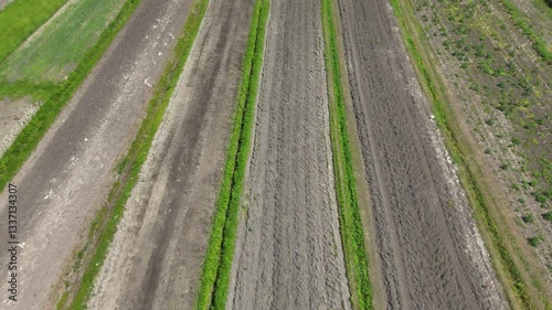 Drone shot of alternating rows of green grass and freshly plowed soil on expansive farmland. 