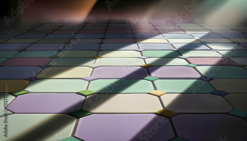 closeup view of vivid geometric tiles glossy surface reflecting dramatic light deep shadows bold colors intricate patterns textured details immersive perspective modern artistic striking visual depth
