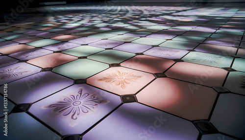closeup view of vibrant mosaic tiles glossy surfaces reflecting dramatic lighting intricate patterns bold colors deep shadows glowing highlights textured details immersive perspective artistic colors